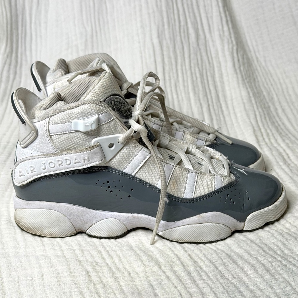 Air Jordan 6 Rings Shoes Youth Size 4Y Cool Grey White Patent GS 323419-121